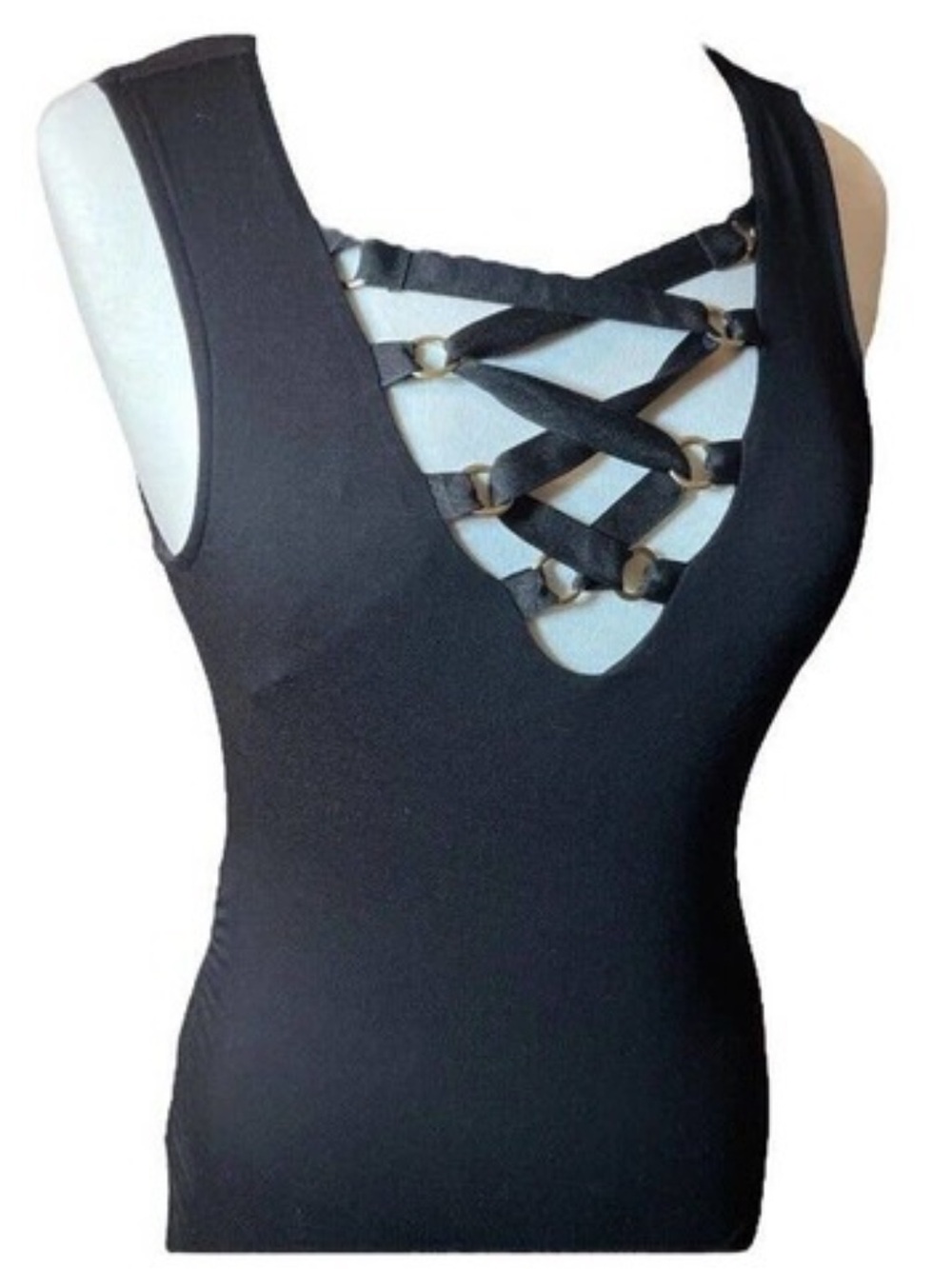 Rock & Republic Black Lace Up Look Pull On Sleeveless Tank Top w/ Gold Accents.